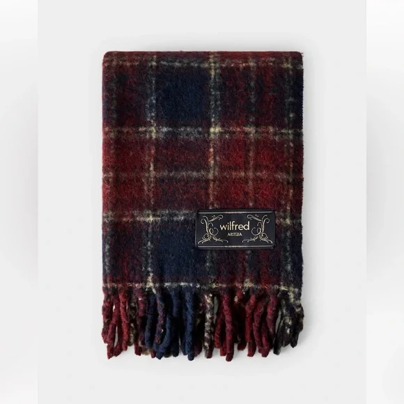 Aritzia Wilfred Twist Fringe Wool Blend Rectangular Warm Plaid Scarf One Size - Picture 3 of 10
